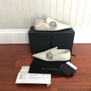 Jil sander Lambskin Convertible pointy mule/  flats with embellished jewelry.